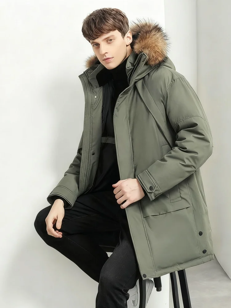 Men's Mid-Length Utility Parka - 90% White Duck Down with Faux Fur Trim, Heavyweight Thermal Insulation for Urban Winter (RDS Ce