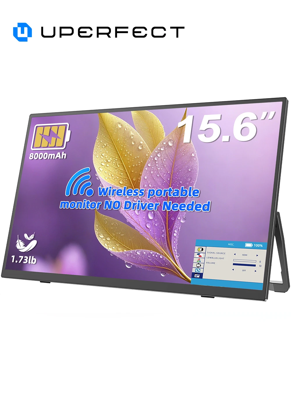 UPPERFECT Kabelloser, tragbarer Monitor mit 8000-mAh-Akku, AirPlay- und Miracast-Unterstützung, 15,6 Zoll (39,6 cm) 1080p IPS-Display, USB-C- und HDMI-Anschluss, ideal für Laptops, MacBooks, PCs,