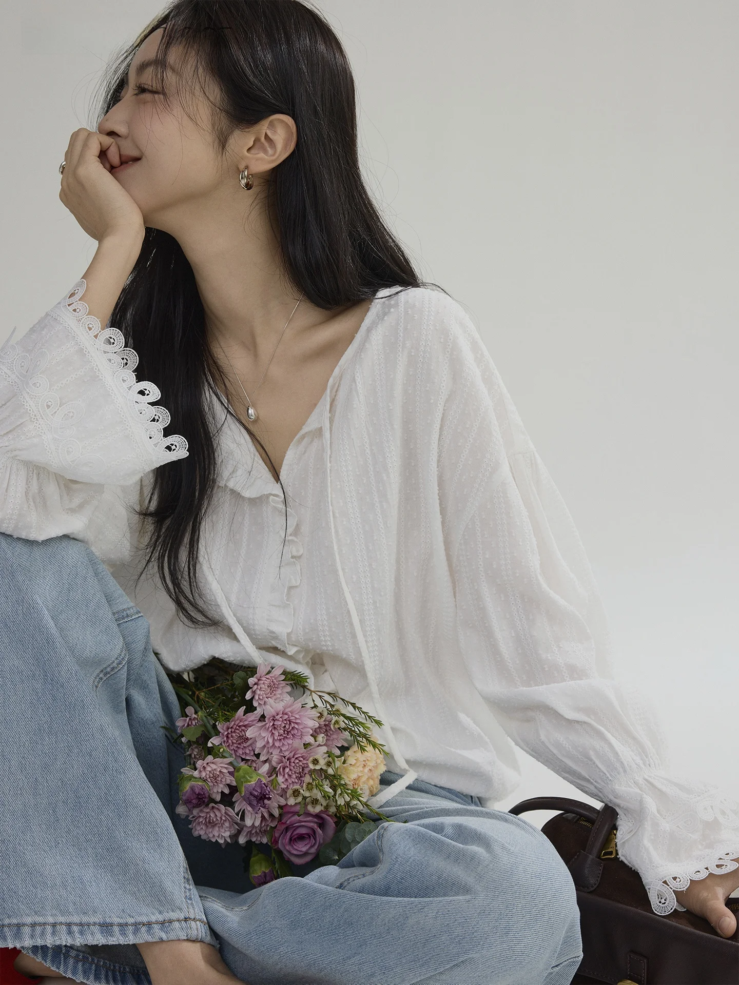 

Joli Choose Korean Style V-Neck Embroidered Lace Loose Women's Shirt Breathable Cotton Long Sleeve Shoulder-Width Shirt