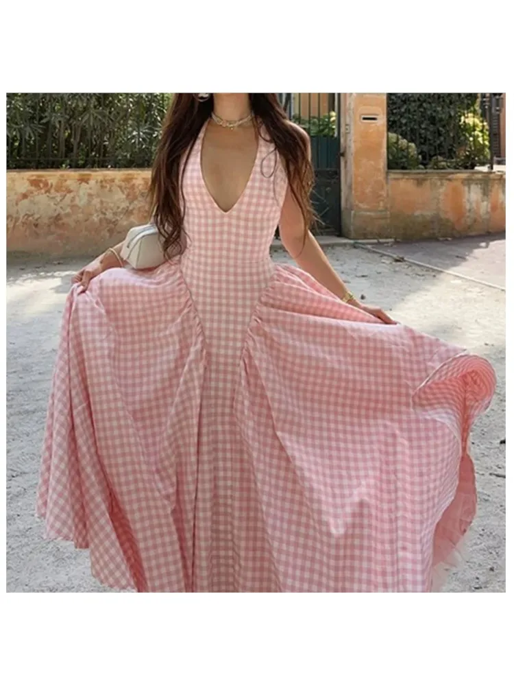 

2026 A-line Dress Vestido Summer Dresses For Lady Woman French Temperament Halter Neck Slim V-link Backless Off Shoulder Lattice