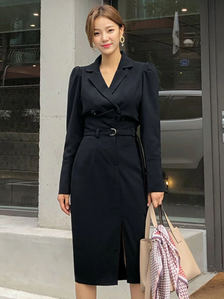 Spring Fashion Vintage Work Style Skirt Suits Women Black khaki Blazer Jacket Chic Slit Midi Skirt Elegant 2 Pieces Sets Femme