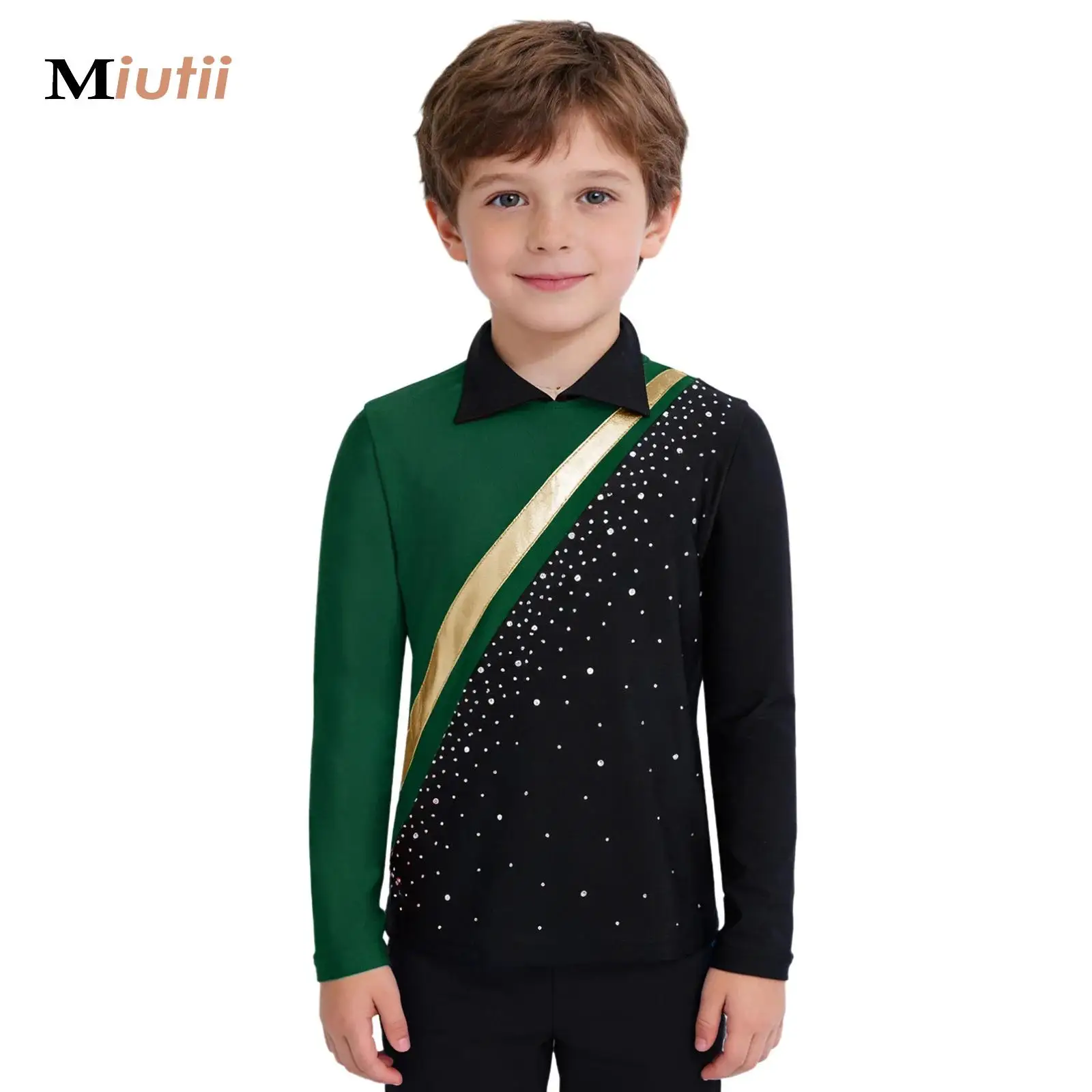 

Kids Girls Figure Skating Gymnastics Performance Tops Shiny Rhinestones Metallic Long Sleeve Back Zipper T-Shirts Competitions