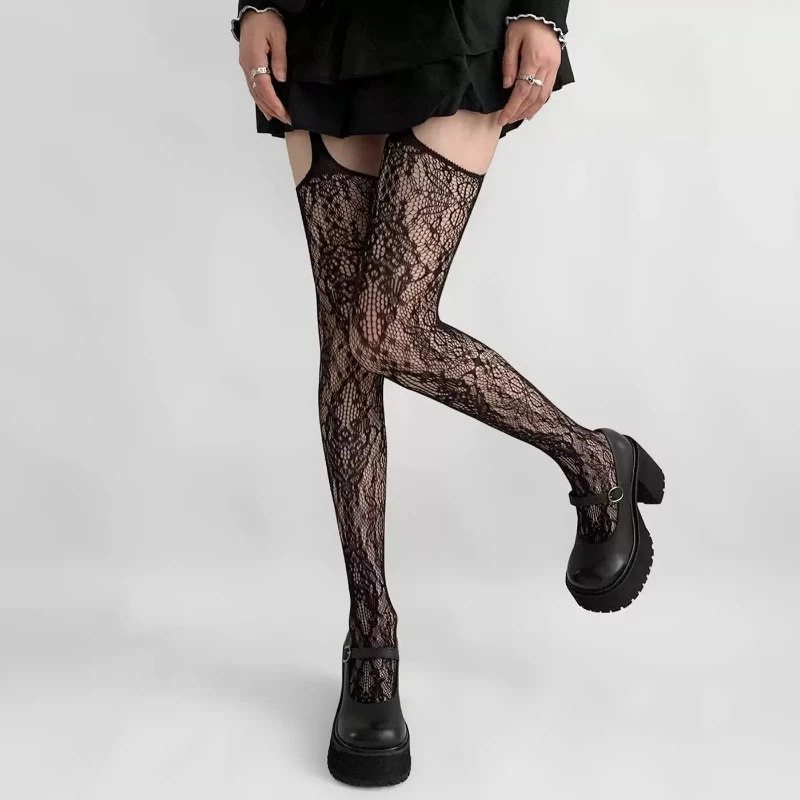 Stoking Jala Coklat Gambar Cetak Baru Kaus Kaki Setinggi Paha Berongga Kopi Seksi Wanita Kaus Kaki Panjang Di Atas Lutut Jepang Gotik Lolita