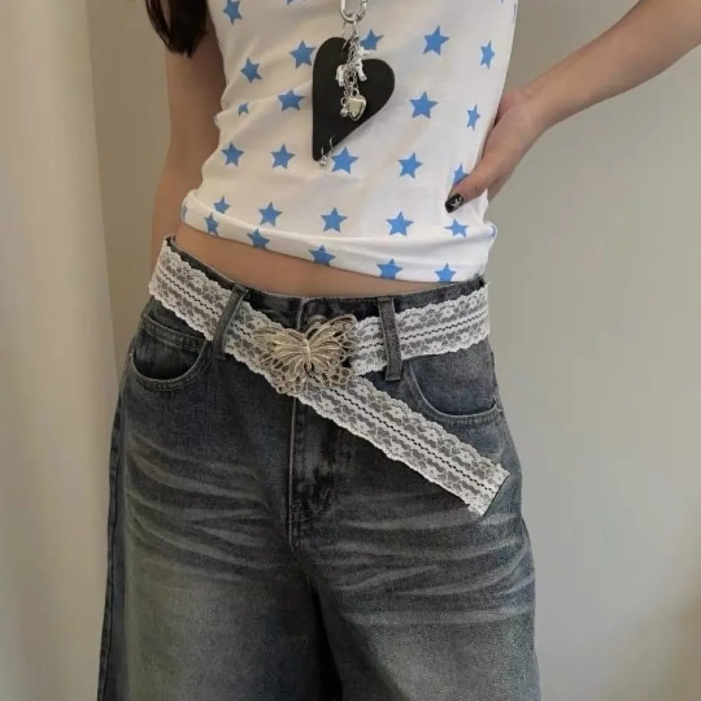 فريد الكورية نمط الدانتيل حزام الحلو أنيقة فراشة حزام الخصر Y2K خمر فستان حزام الجينز الفتيات حار