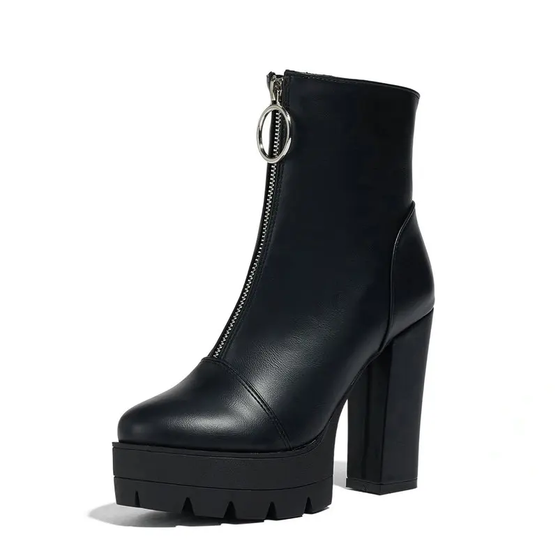 Front Zipper Brown Black Mature Ladies Ankle Boots Zip Up Goth New Western Cowboy Shoes Platform Block High Heels Winter Booties