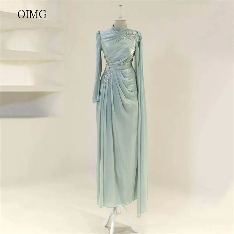 

OIMG Formal High Neck Mermaid Prom Gowns Eid Long Sleeves Pleated Party Gown Saudi Floor Length Beaded Evening Dress Customized