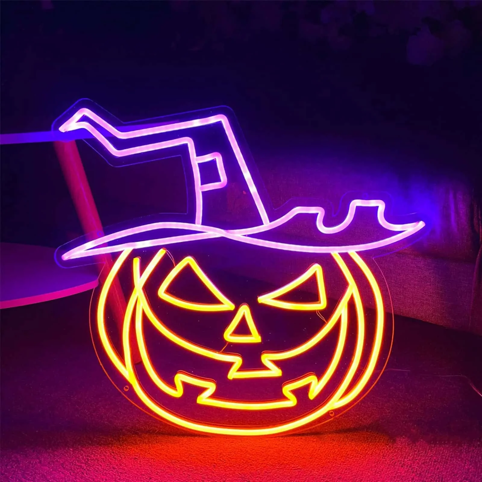 Halloween Pumpkin Witch Hat Neon Sign LED Jack O Lantern Neon Light for Halloween Party Home Wall Decor Indoor Spooky Decorations Gift