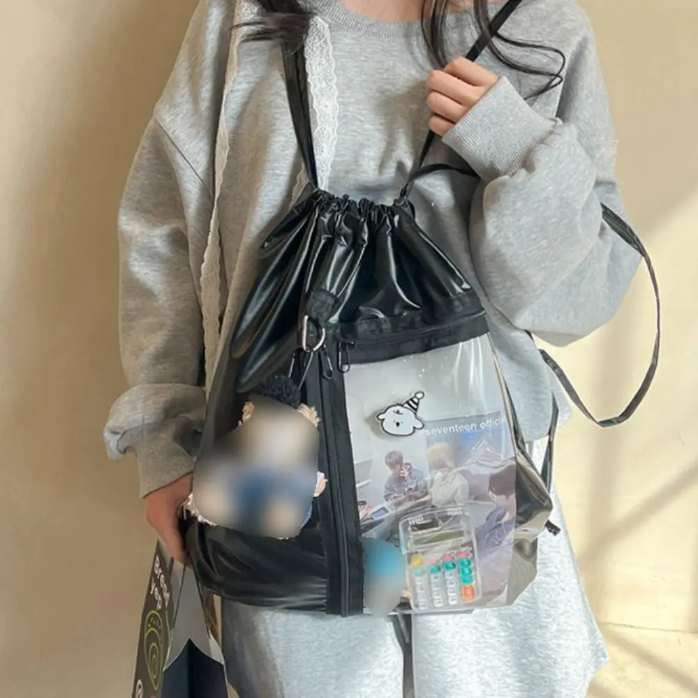 Mochila transparente con cordón de bolsillo, gran capacidad, PU plateado, estilo coreano, Itabag, diseño de moda, bolso de mano, bolso de hombro