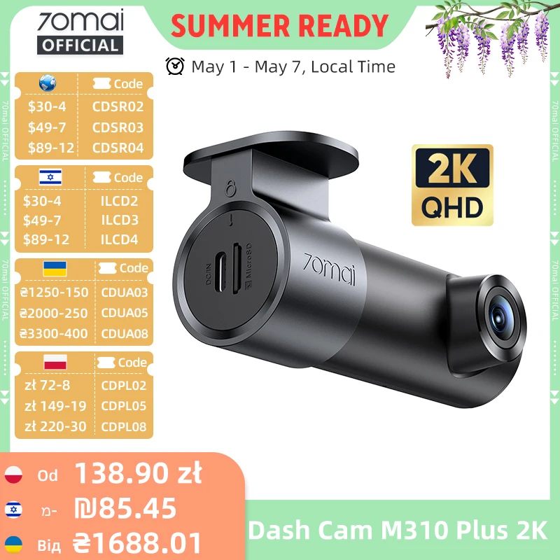 70mai Dash Cam M310 Plus 2K English Voice Control 1440P WDR Night Vision 24H Parking Surveillance 70mai M310 2K Car DVR Wi-Fi 6