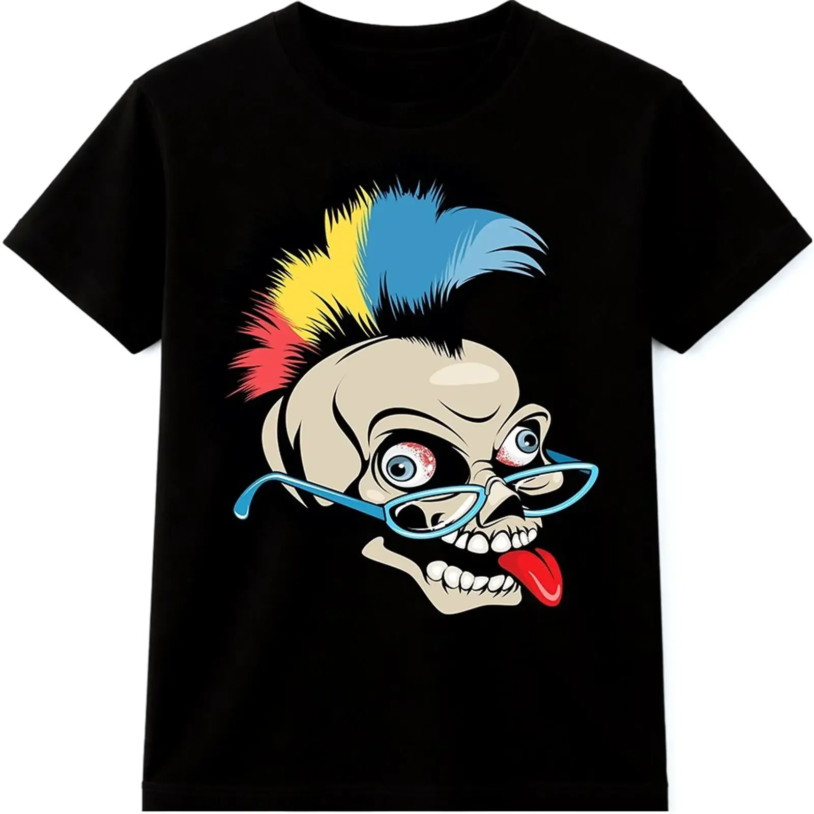 T Shirt Punk Totenkopf Mohawk Brille lustig Cartoon Rock Skelett Kunstdruck Grafik vintage Washed Top For Everyday Wear Casual