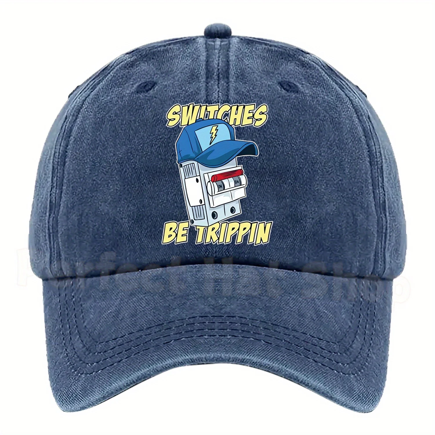 “SWITCHES BE TRIPPIN’” Fun Electrician-Themed Print Baseball Cap, Adjustable Size in Multiple Colors