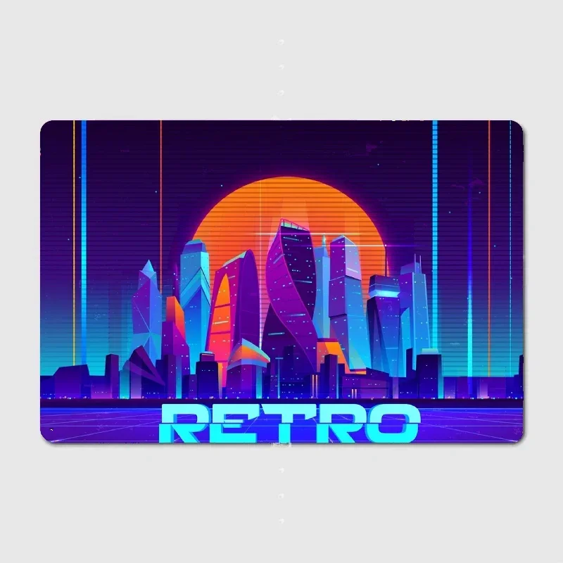 Retro In Neon City Skyscrapers Buildings Metal Poster Garage Decoration Living Room Cinema Living Room Custom Tin Sign Poster