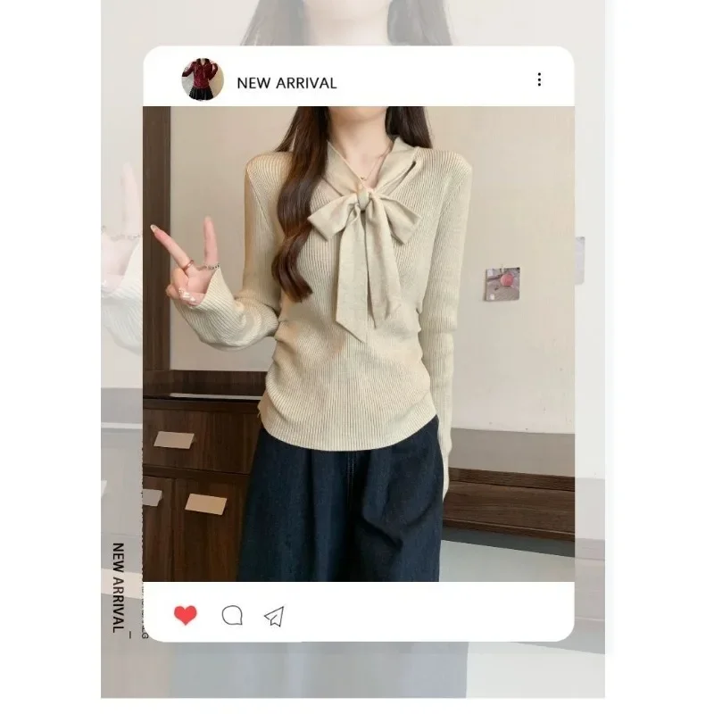 Вязаный свитер с бантом и v-образным вырезом, женский пуловер, осень 2023, новая внутренняя одежда, универсальный темпераментный топ с длинными рукавами