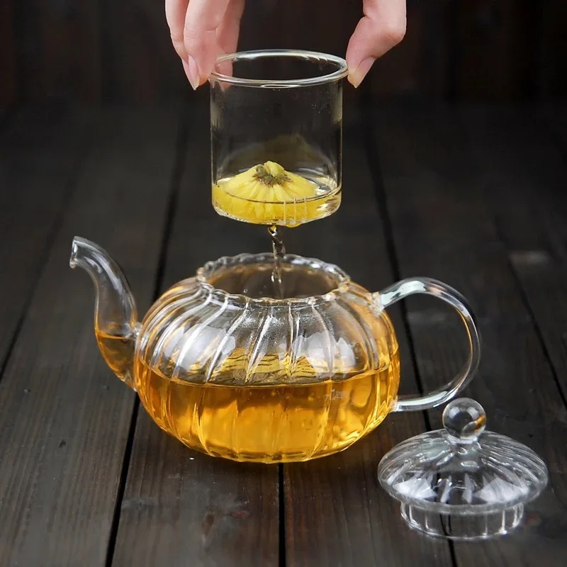 600ml Striped Pumpkin Shape Flower Teapot Fire Resistant Glass Jug for Tea Teapot With Infuser Pu Erh Gaiwan Japanese Tea Pot