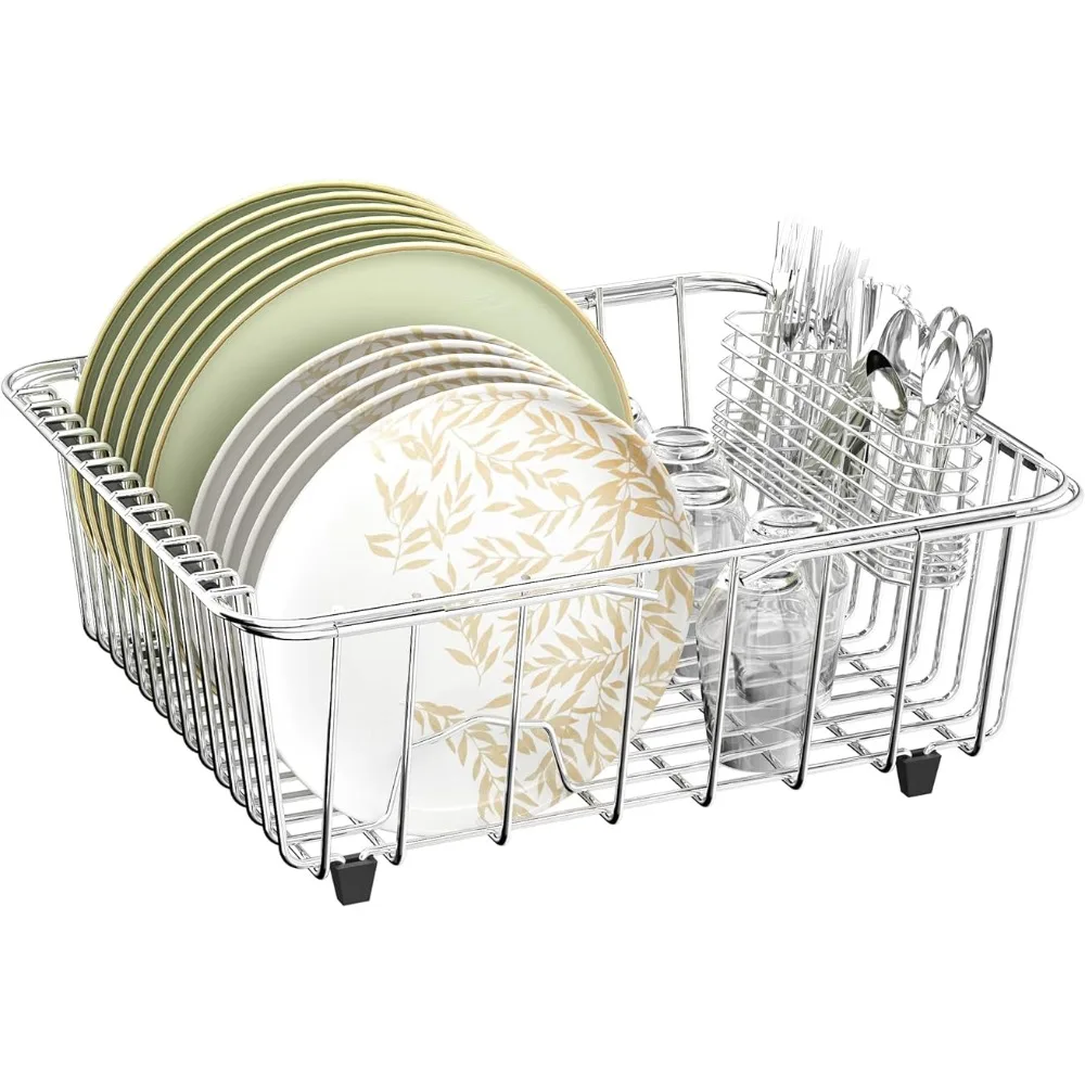 

Dish Drying Rack in-Sink, 304 Stainless Steel Dish Drainer with Stainless Steel Silverware Holder Over Inside Sink-Adjustable