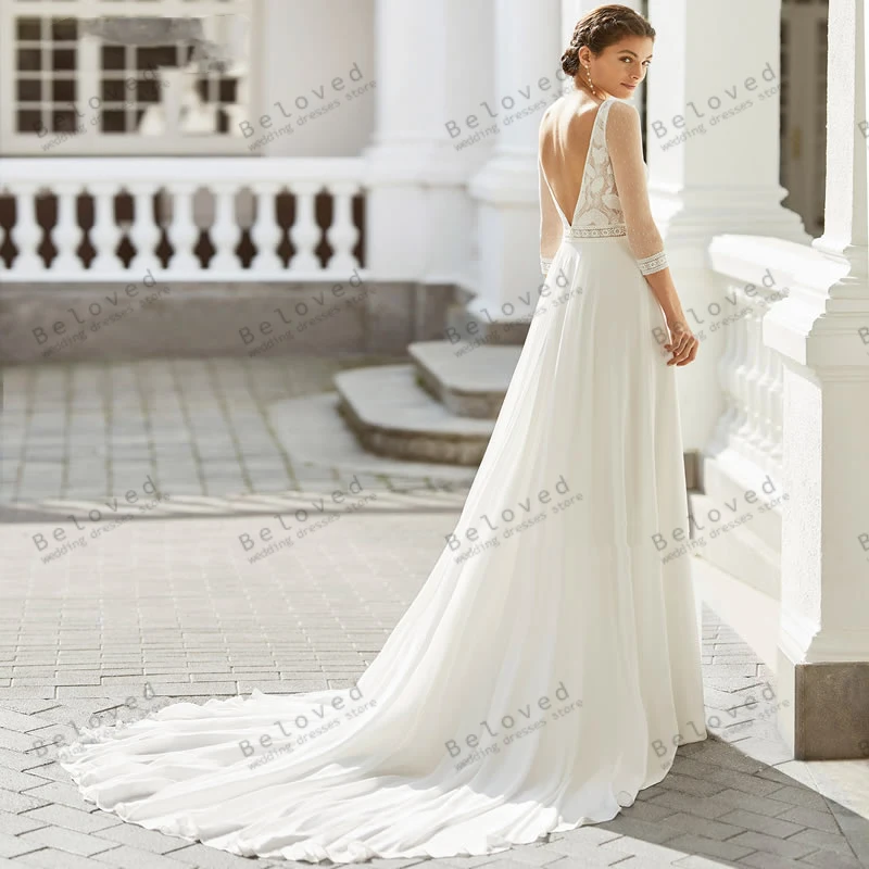 Robe de mariée trapèze bohème, robes en mousseline de soie, robes à col rond, appliques en dentelle, manches trois quarts, 2024