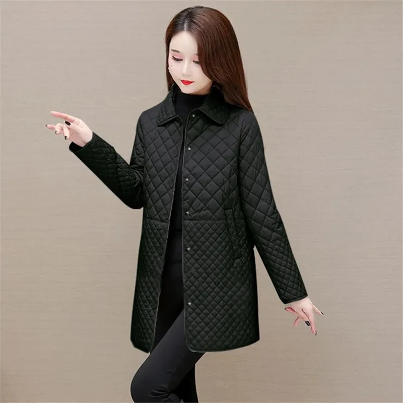 Mid-length Diamond Plaid Jacket Women\'s Overcoat New Spring  Autumn Light Cotton Coat Mother\'s Loose Warm Cotton-Padded Coat