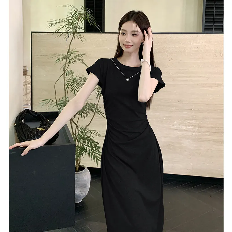 2025 夏の新韓国半袖 Tシャツドレスロングドレス女性カジュアルファッションスウィーティー気質スカート美少女