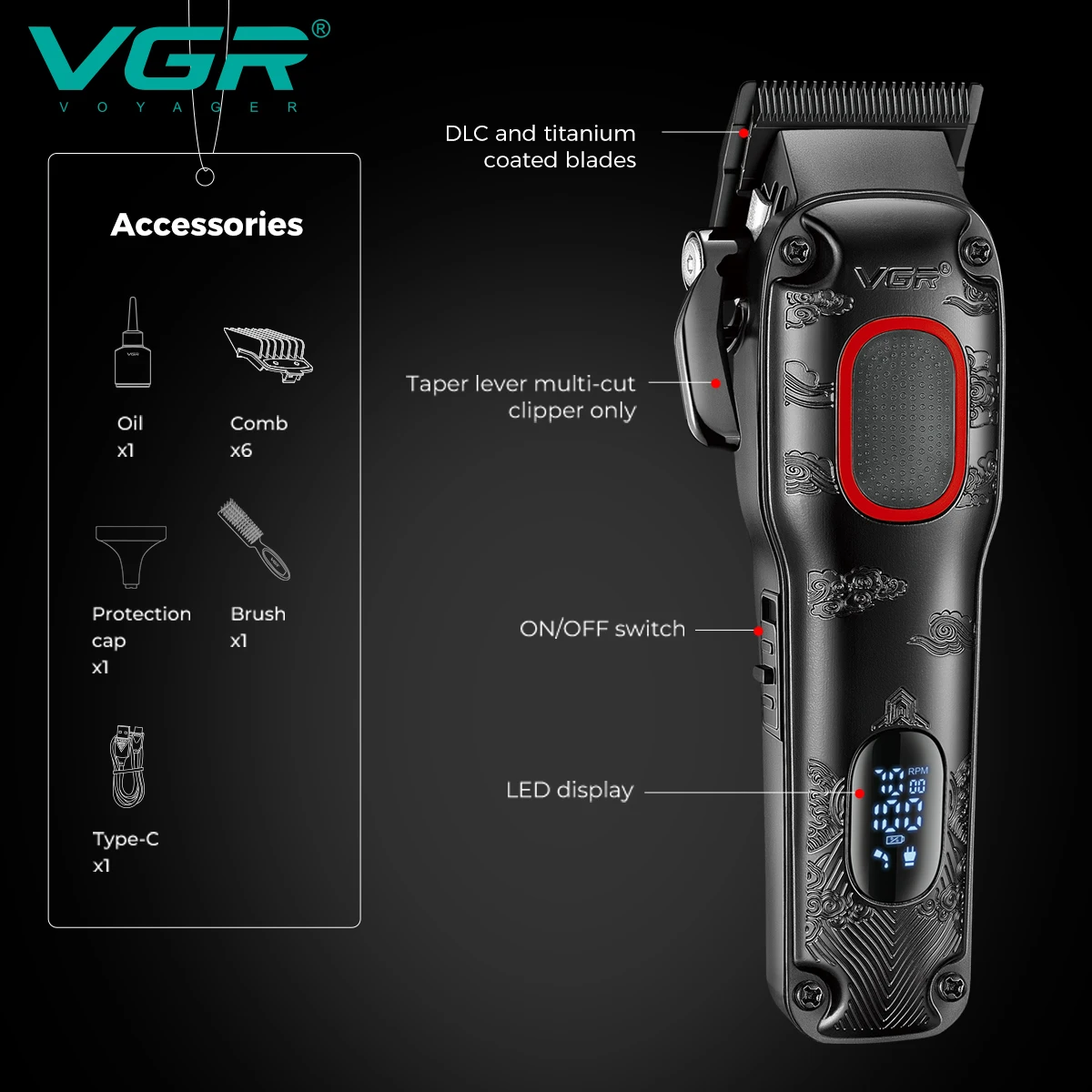 VGR hair clipper intelligent LED digital display powerful power hair trimmer hair salon home carving electric push shear V-016