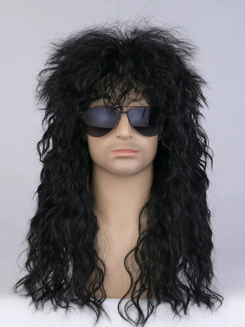 Men Long Black Synthetic Wig Hair Extension Cosplay Costume Puffy Fiber Heat Resistant Hairpiece Halloween Party Accessories