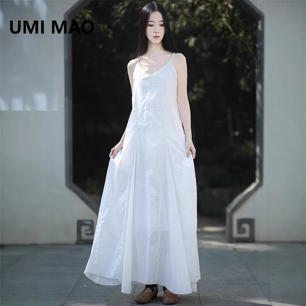 

UMI MAO Clear Cold Wind Summer Dress Loose And Slim Solid Color V-neck Cotton Tail Strap Skirt Long Dress