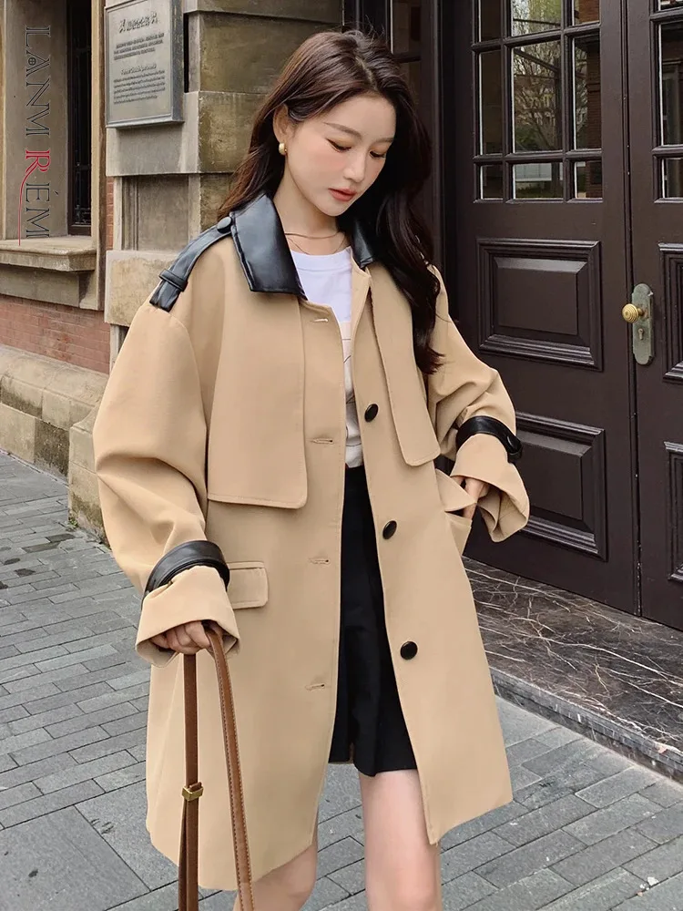 

LANMREM High Srtreet Windbreaker Women's Block Color Leather Collar Single Breasted Mid Length Coat 2024 Autumn New 2Z2772