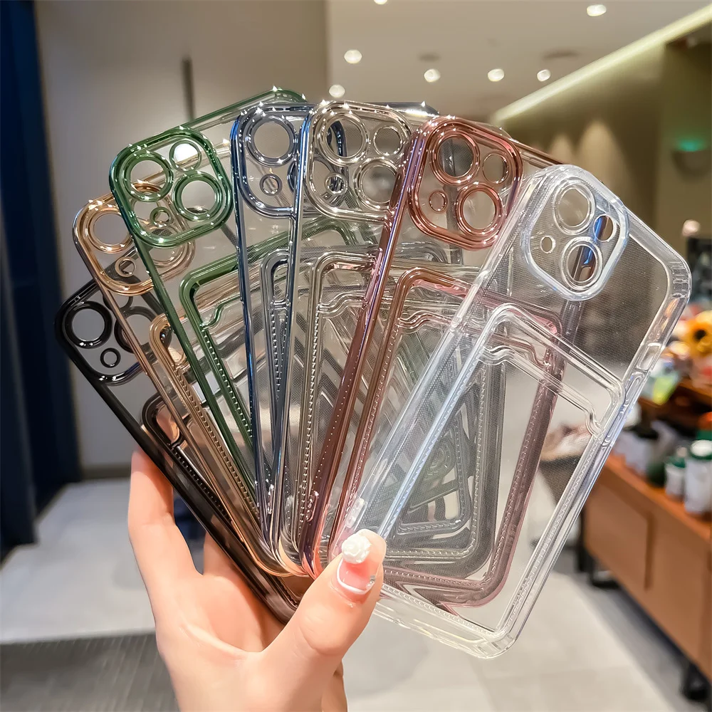 Electroplated Transparent Card Holder Wallet Case For iPhone 11 12 13 14 15 16 Pro Max Photo Pocket Shockproof Silicone Cover