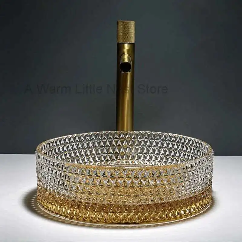 

Round Bathroom Sinks Tempered Glass Counter Basin Washing Sinks Light Luxury High-end Hotel Apartment Homestay Home Art Basin Q