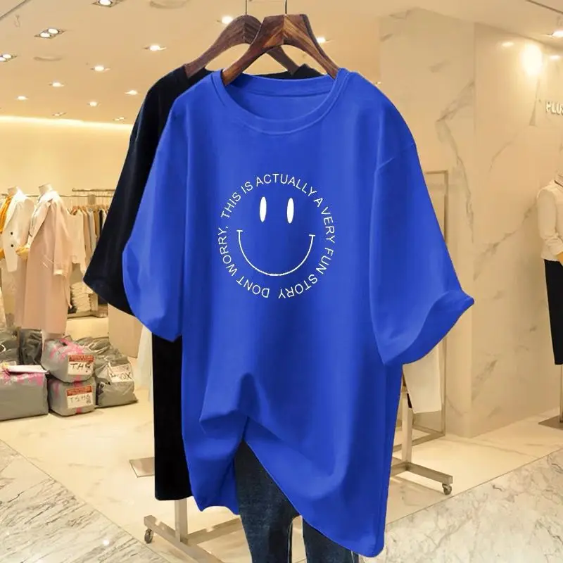 Women\'s Fashion Loose Pure Cotton Smiling Face Short Sleeved T-shirt Summer New Fashion Versatile Basic Top Tees