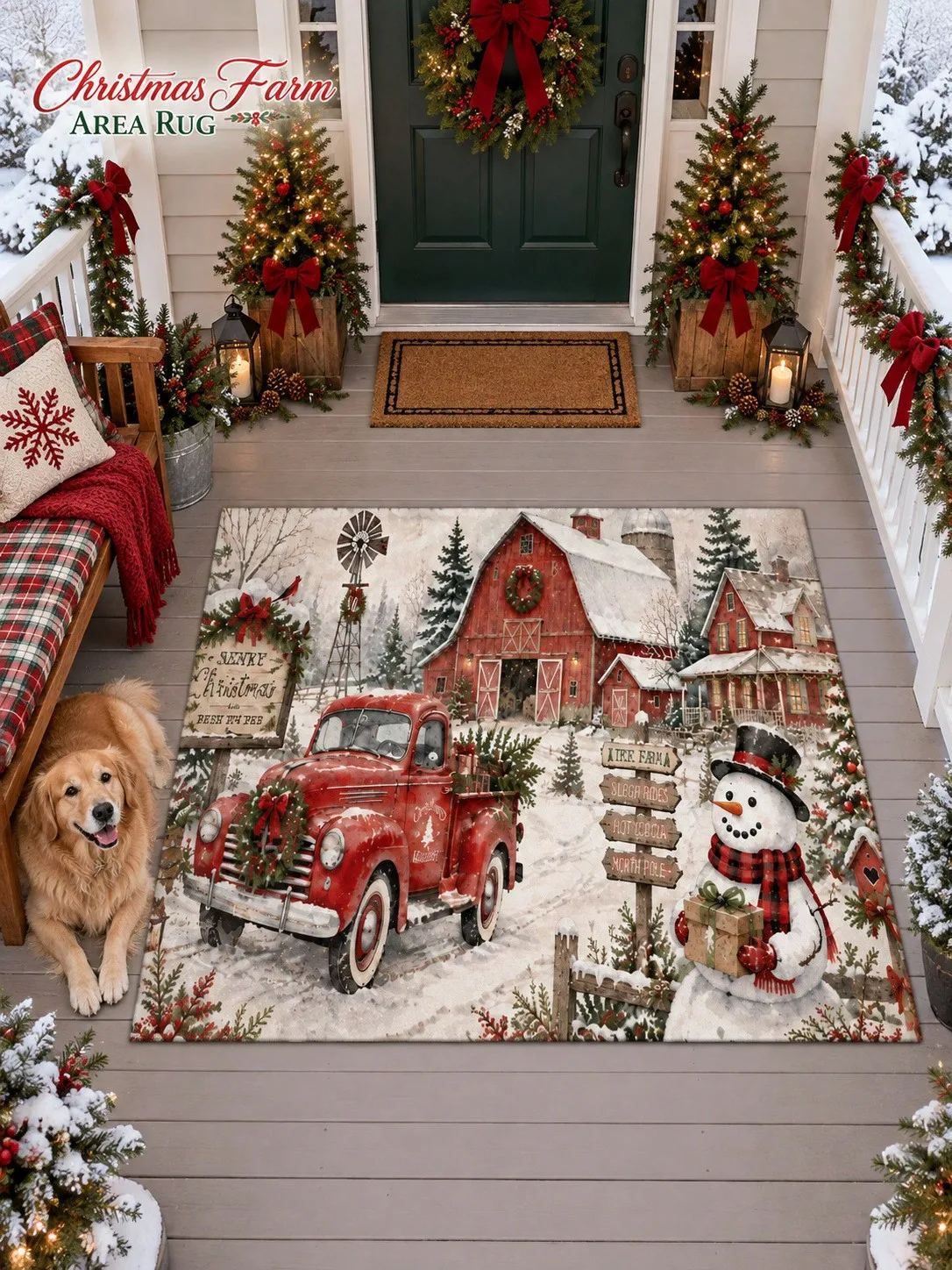 Christmas Rug Truck Barn Snowman Trees Floor Decor Carpet Living Room Bedroom Dining Area Entryway Apartment Cottage Winter Home Styling Beside Sofa Coffee Table Housewarming Birthday Gift for Parents Friends Neighbors Sisters Holiday Celebrations