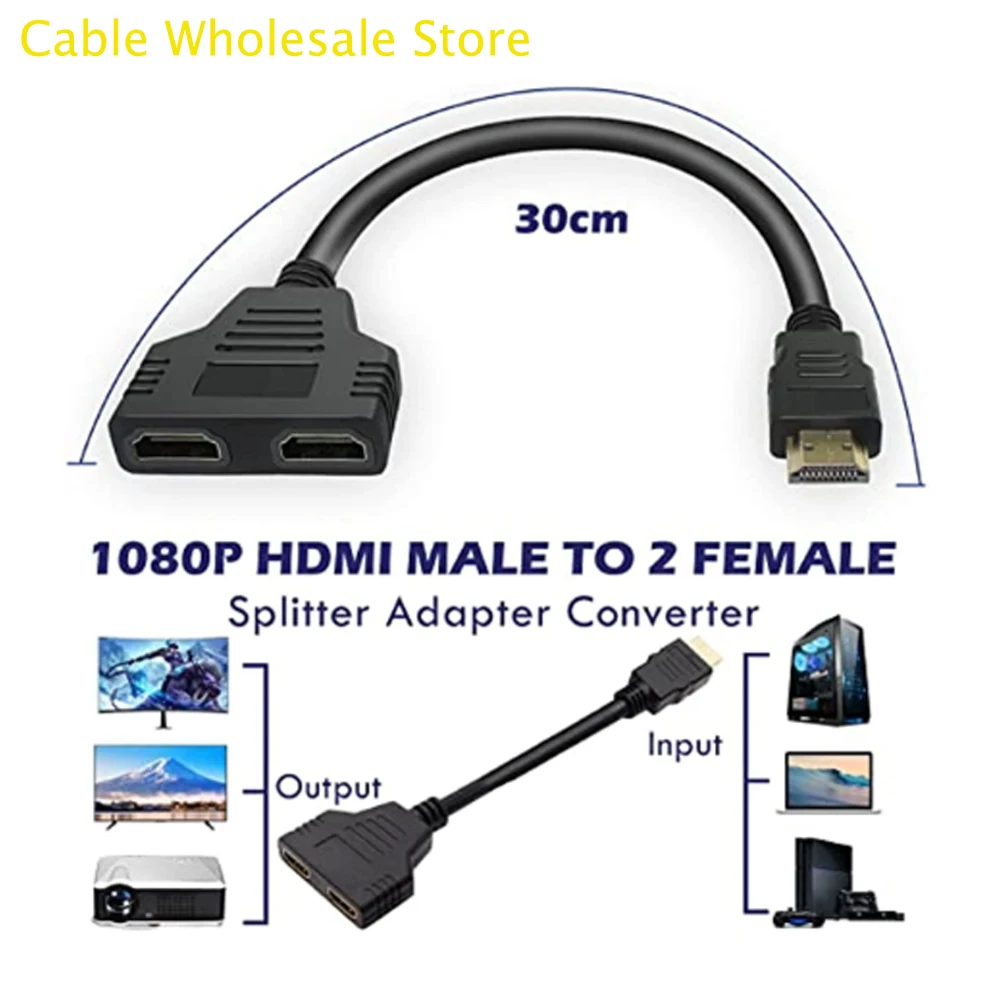 HDMI Splitter Adapter Cable 1 Plug To Dual HDMI 2 Way Female 4K 3D Y Splitter Cable For Laptop TV Monitor 1080P 1 In 2 Out LED