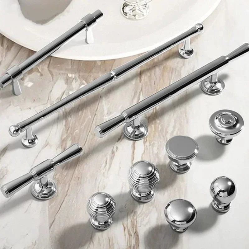 Pure Copper Solid Chrome Plated Handle, French High-end Clothing Cabinet Door Handles, Bright Silver Cabinet Drawer Pulls