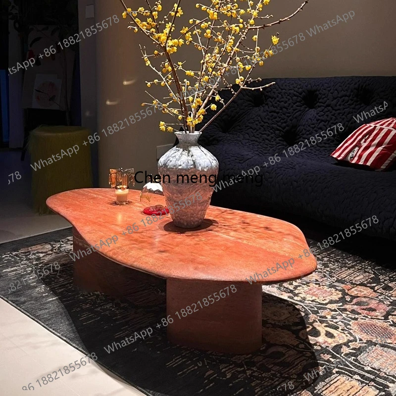 

Natural red travertine coffee table living room household small apartment wabi sand wind marble coffee table