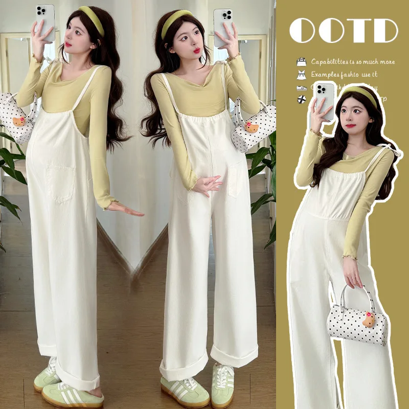 

2025 Sweet Pregnancy Outfit Winter Denim Overalls with Long Sleeve Top Adorable Maternity Two Piece Set Cozy Comfortable