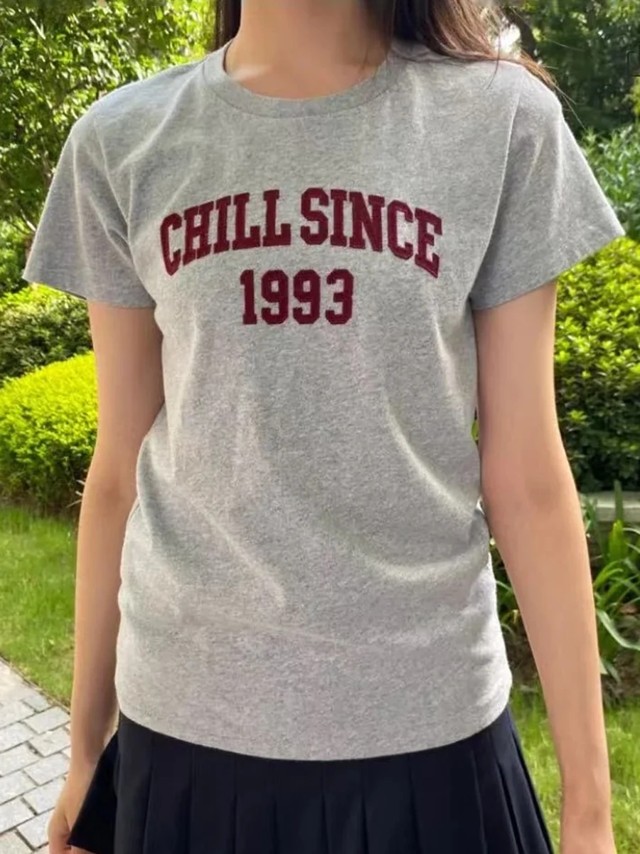 

Grey Casual Letter Embroidery Tshirts Woman Summer O-neck Short Sleeve Cotton Tee Shirts Vintage Y2k Streetwear New T Shirt Tops