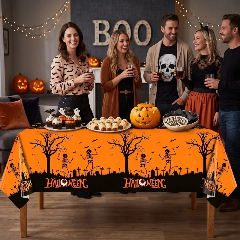 1/3Pcs Rectangular Halloween Foil Table Cover Waterproof Dual Size 54x72 & 54x108 Inch Spooky Tree Pattern Holiday Desktop Decor