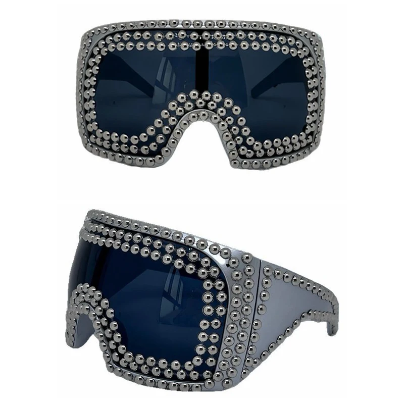 Personalize Oversized Trendy One-piece Goggle Sunglasses Men Punk Exaggerated Silver Bead Fashionable Shades For Women Eyewears