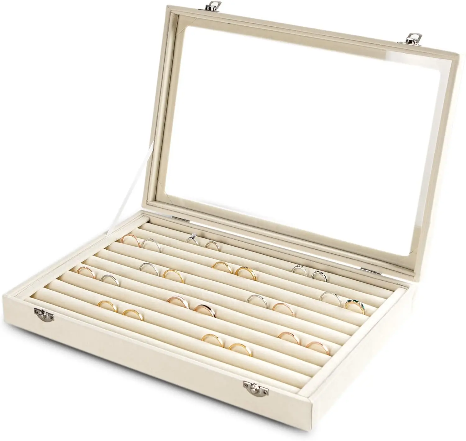 

10-Slot Velvet Jewelry Organizer Tray with Glass Lid - Ring & Earring Storage Box for Women, Beige