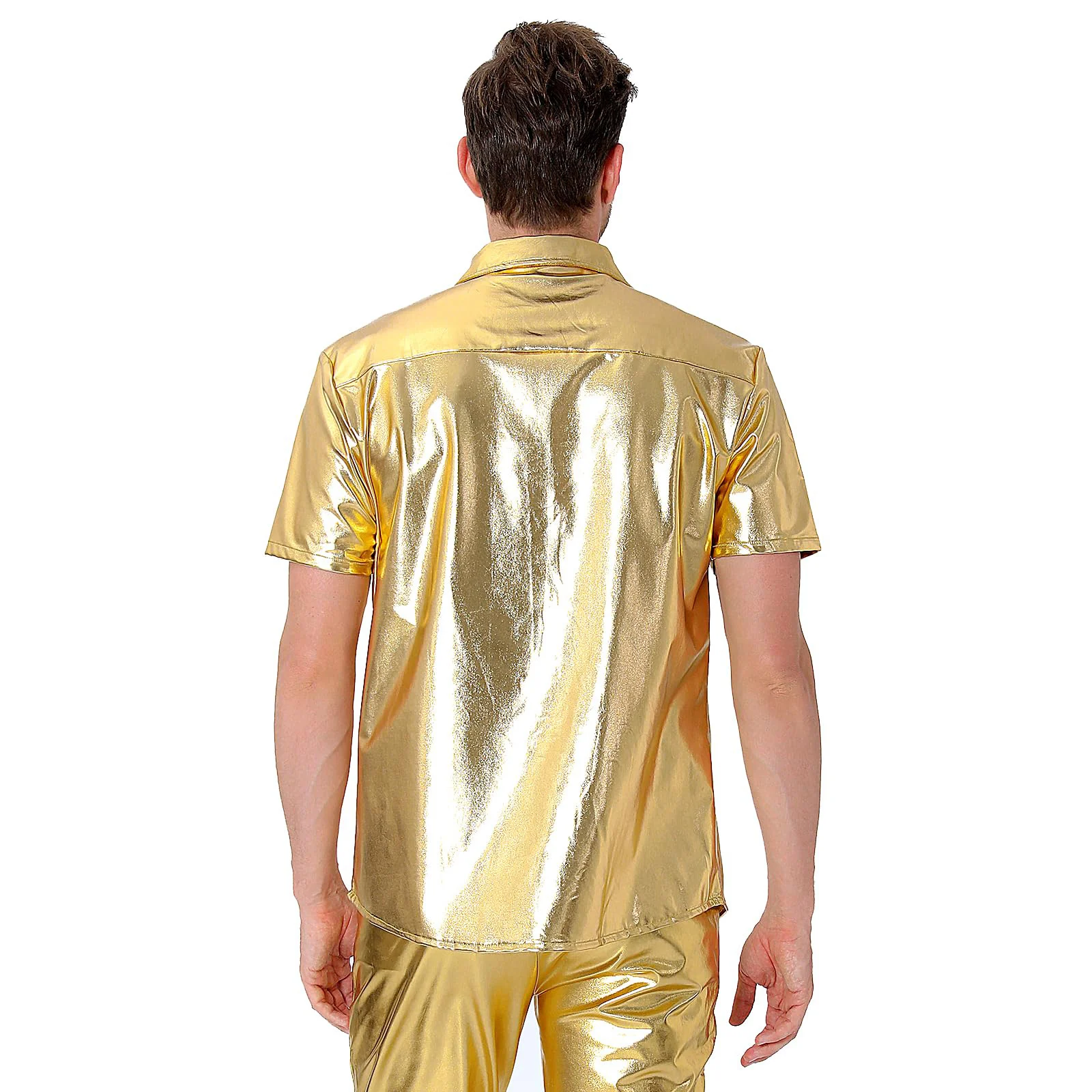 Mens Shiny Metallic Shirts Dances Stage Performance Costume Adult Disco Outfits Short Sleeve Sparkling Party Shirt
