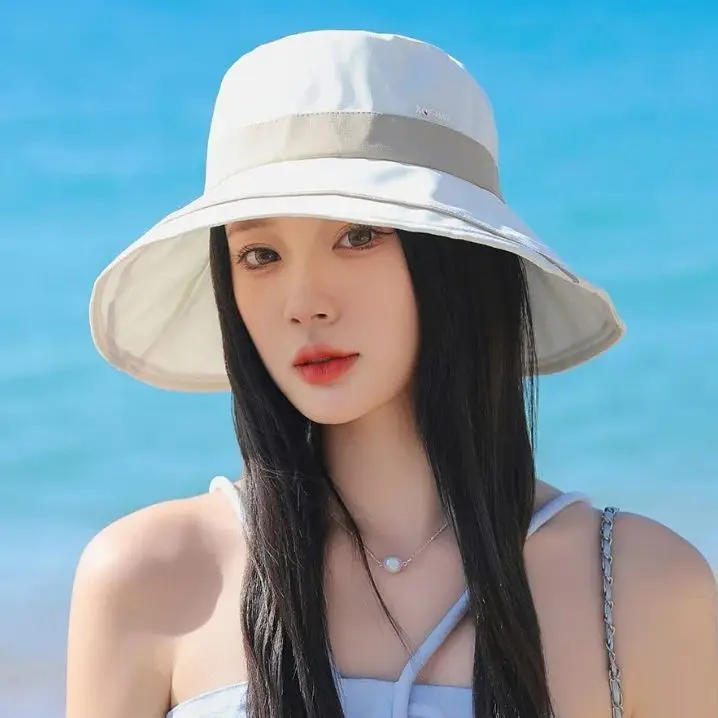 Summer Ice Silk Fisherman\'s Hat Korea Color Blocking UV Large Brim Sunscreen Hat Outdoor Beach Vacation Women 56-58cm