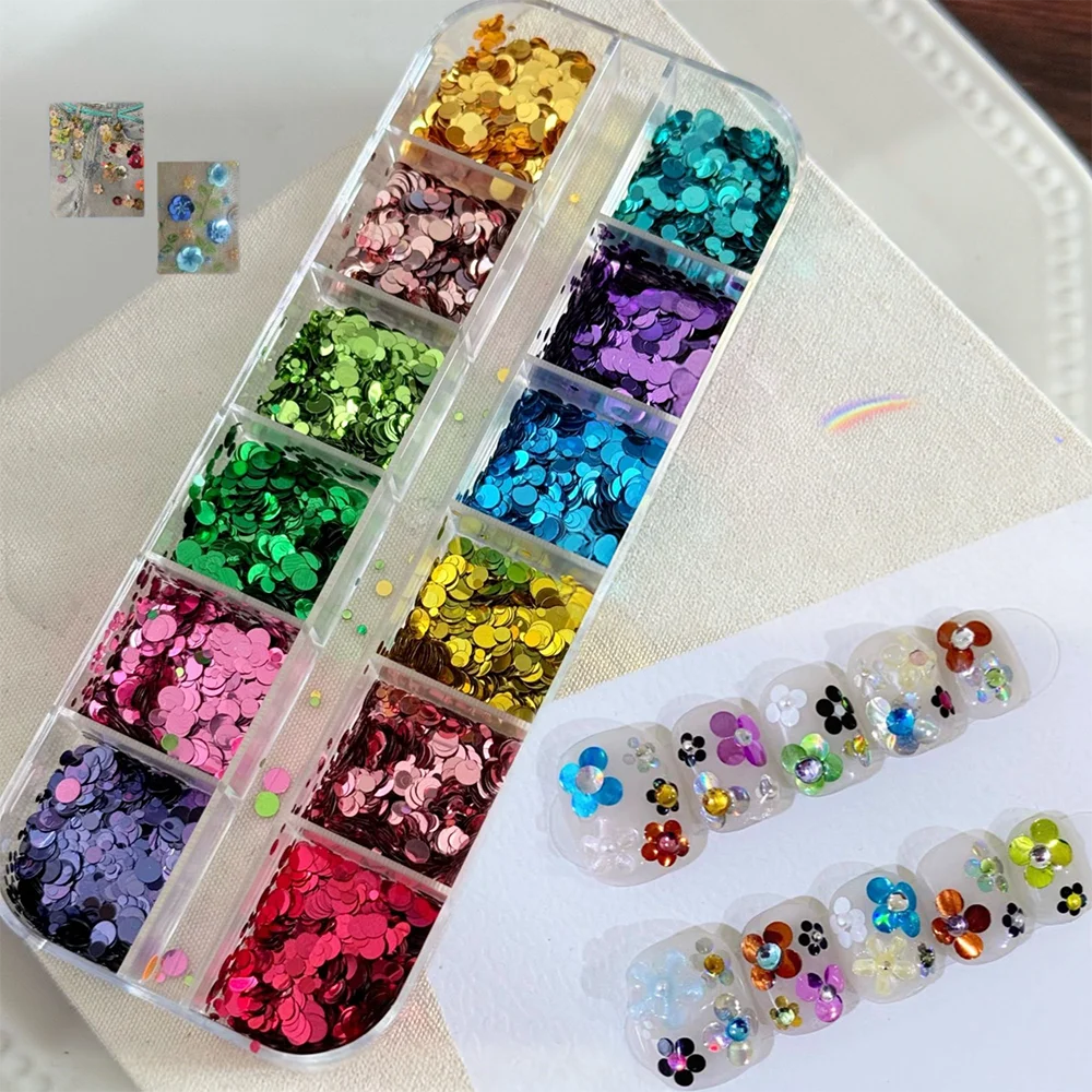 12grid Colorful Laser Polka Dot Spliced Flower Nail Sequins 3D Round Glitter Nail Flakes Ultra-thin Dot Flower Nail Charms 1-3mm