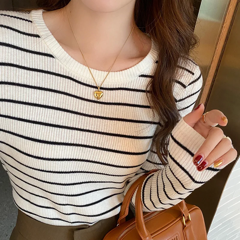 Sweater Top Striped Long Sleeve Pullover Slim Fit Inner Layer Tee Casual Base Bottoming Shirt Autumn Winter Fashion Lady Top