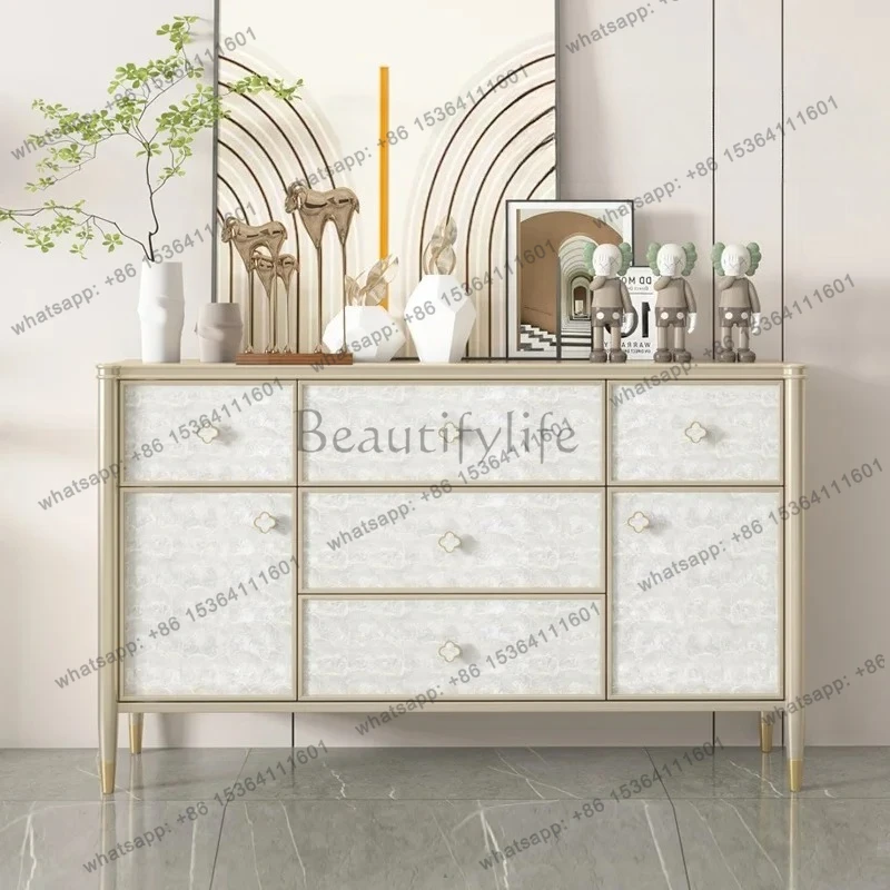 

Light luxury shell solid wood dining side cabinet modern integrated wall kitchen champagne gold wine cabinet floor storage