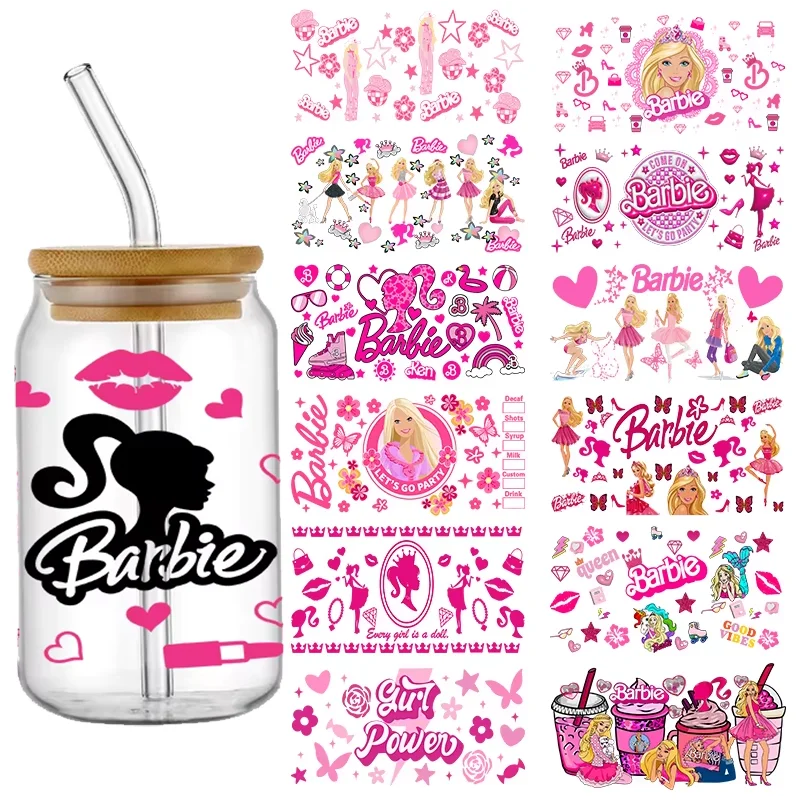 Kawaii Pink Barbie Personalize UV DTF Sticker 16oz Glass Cup Wrap Transfer Sticker DIY Custom Label Logo Selfadhesive Waterproof