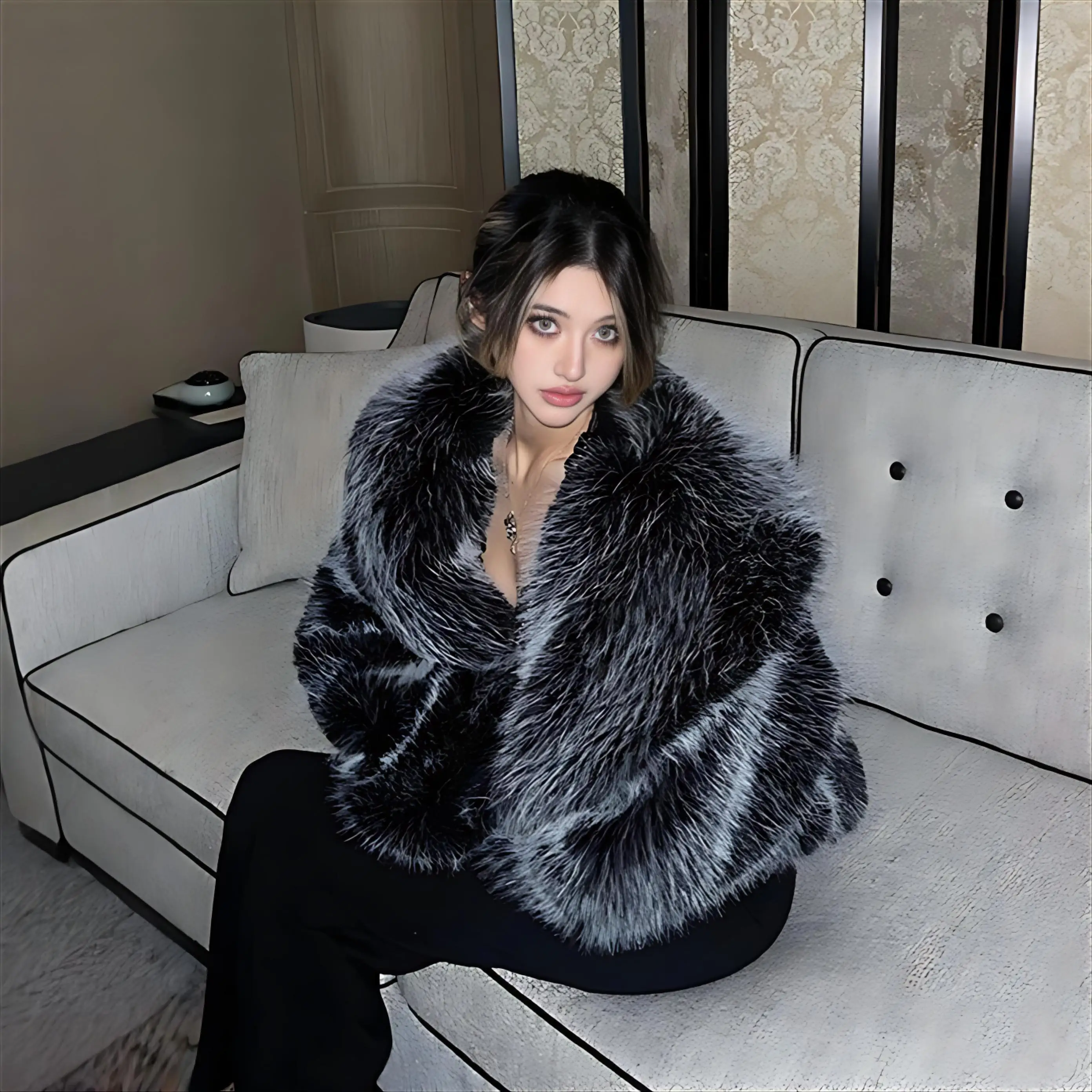 Cappotto foderato in pelliccia sintetica Cappotti da donna Dolcevita verticale Carnevale Colletto da figlia Chinchilla Moto Moderna tendenza in velluto a coste grosso