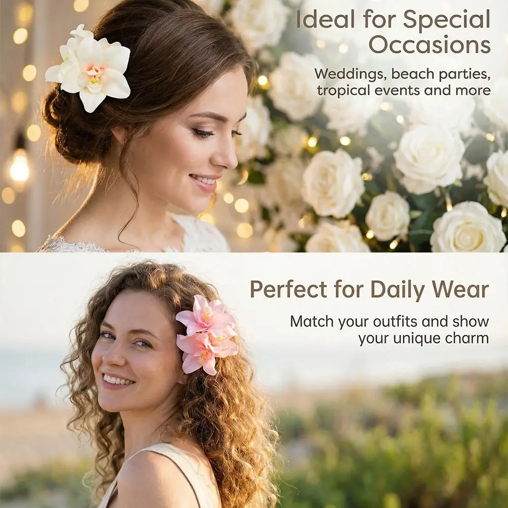 Modische Hawaiianische Blumen-Haarspange mit 3 Orchideen, Bunte Haarnadeln, Realistische Haaraccessoires für Strandurlaub und Partys – Detail 6