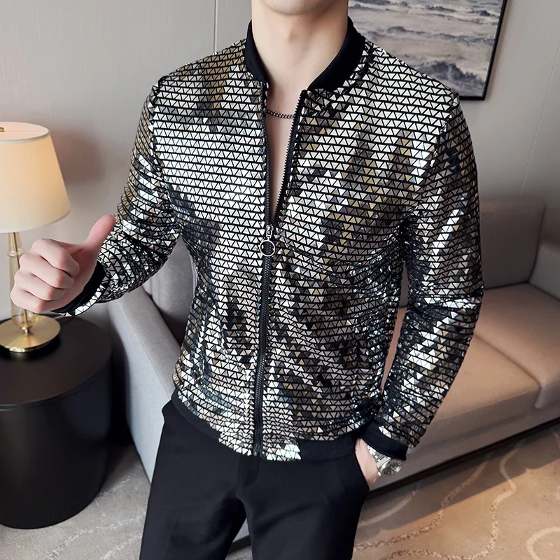 

2025 New Men's Fashion Sunscreen Jacket Nightclub Silver Glitter Performance Jacket Stage Performance Social Sexy Jacket M-5XL