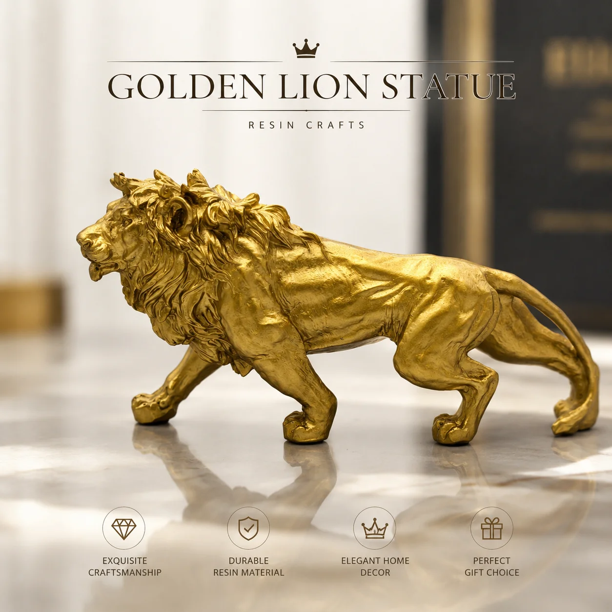 Golden Lion Statue Decor Resin Sculpture with Non Slip Pads Luxury Figurine for Home Office Shelf Desk Decoration