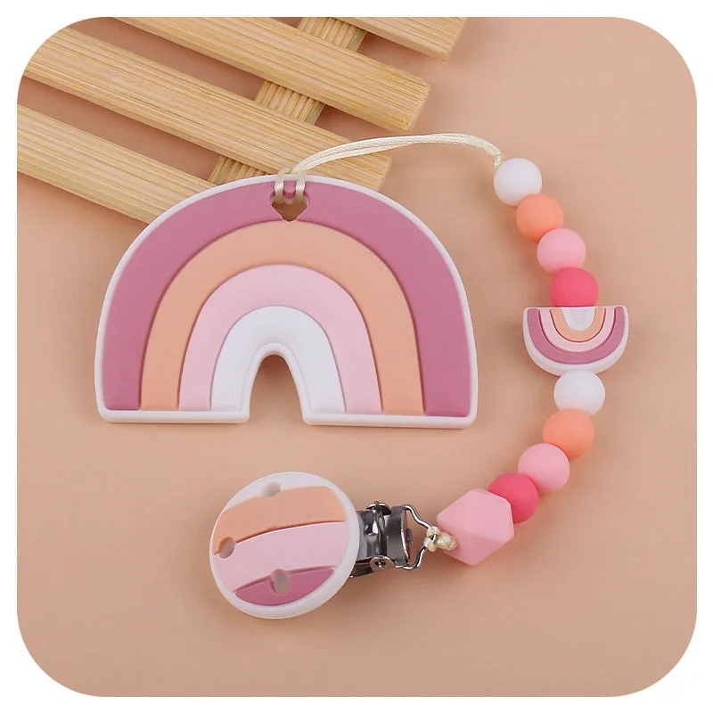 1pcs Silicone Rainbow Beads Baby Teething Necklace Lovely Stich Baby Teether Molar Toy Gift