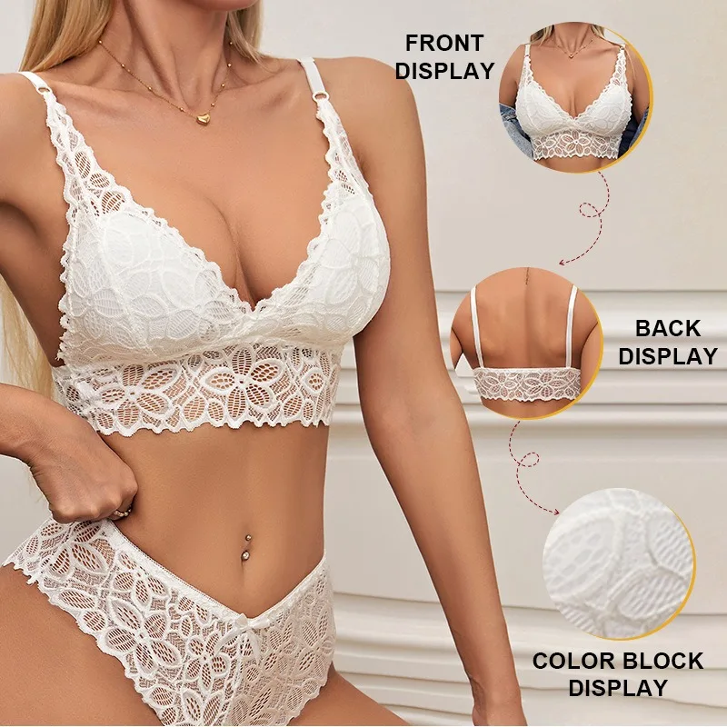 Women Lace Bra Set Deep V Bra and Panties Set Lace Bralette Seamless Underwear Embroidery Intimates Female Sexy Lingerie Set